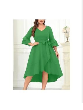 New Women 16W Wedding Guest Dress Formal Double Bell Sleeve V Neck High low